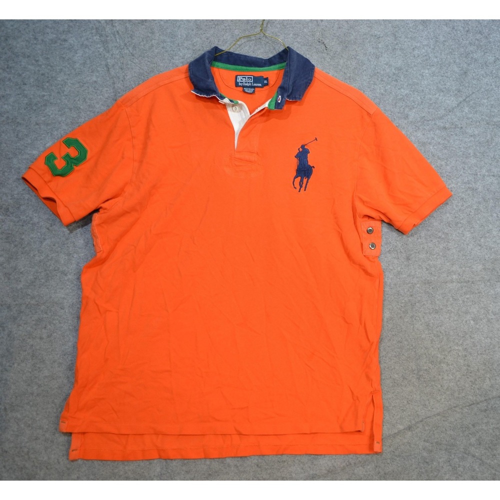 VTG Polo Ralph Lauren Shirt Mens XL Orange Big Pony 3 Patch Short Sleeve Rugby